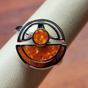 Spinning Handmade Orange Fire Opal Geometric Sterling Silver Ring Size 8
